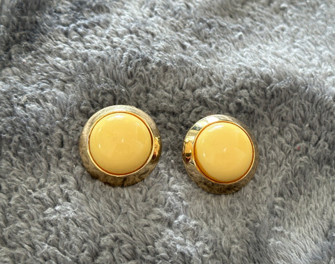 Super Cute Vintage Clip On Earrings Gold Tone Framed Yellow Cabochons