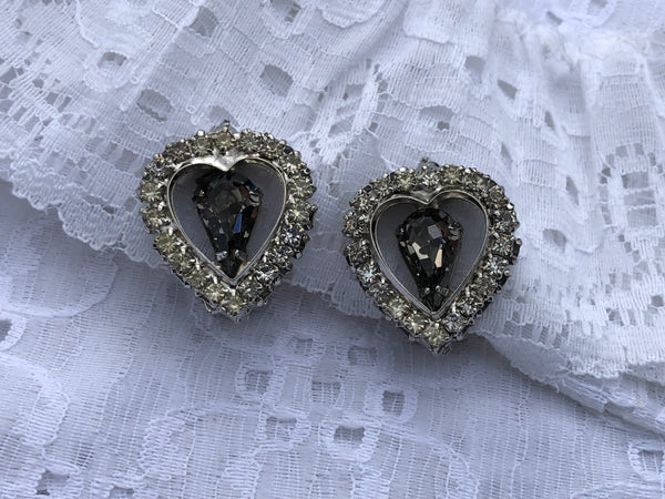 Vintage Elaborate Clear & Gray Rhinestone Necklace Heart Shaped & Screw  Earrings