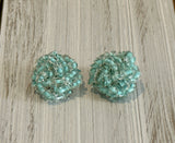 Beautiful Vintage Beaded Cluster Clip On Earrings w Lt Blue Beads Signed Japan