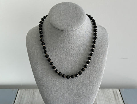 Fantastic Vintage Beaded Necklace w Black & Gold Tone Beads