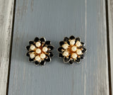 Beautiful Vintage Clip On Earrings Black Enamel Faux Pearls 3D Flowers