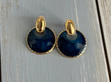 Fab Vintage Pierced Earrings Gold Tone Hoops w Navy Blue Enamel