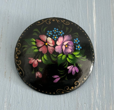 Gorgeous Hand Painted Floral Brooch Black w Flowers Made in Russia