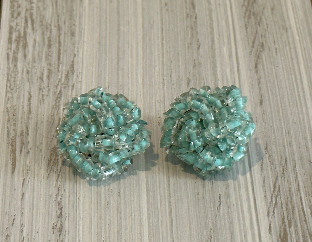 Beautiful Vintage Beaded Cluster Clip On Earrings w Lt Blue Beads Signed Japan