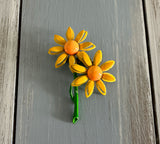 Fun Flower Power Metal & Enamel Vintage Brooch Yellow Gold & Green