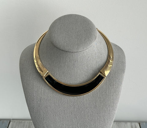 Fantastic Vintage Segmented Choker Necklace Gold Tone & Black Enamel