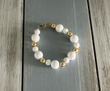 Awesome Vintage Beaded Bracelet White Plastic & Gold Tone Metal Beads