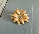 Flower Power Vintage Brooch Gold Tone Beige Enamels Sparkly Rhinestones