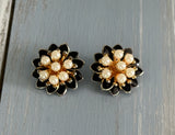 Beautiful Vintage Clip On Earrings Black Enamel Faux Pearls 3D Flowers