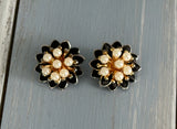 Beautiful Vintage Clip On Earrings Black Enamel Faux Pearls 3D Flowers