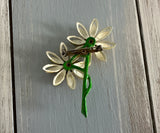 Fun Flower Power Metal & Enamel Vintage Brooch Yellow Gold & Green