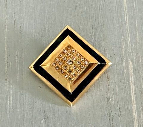 Vintage Sarah Coventry Brooch Gold Tone Black Enamel & Sparkly Rhinestones