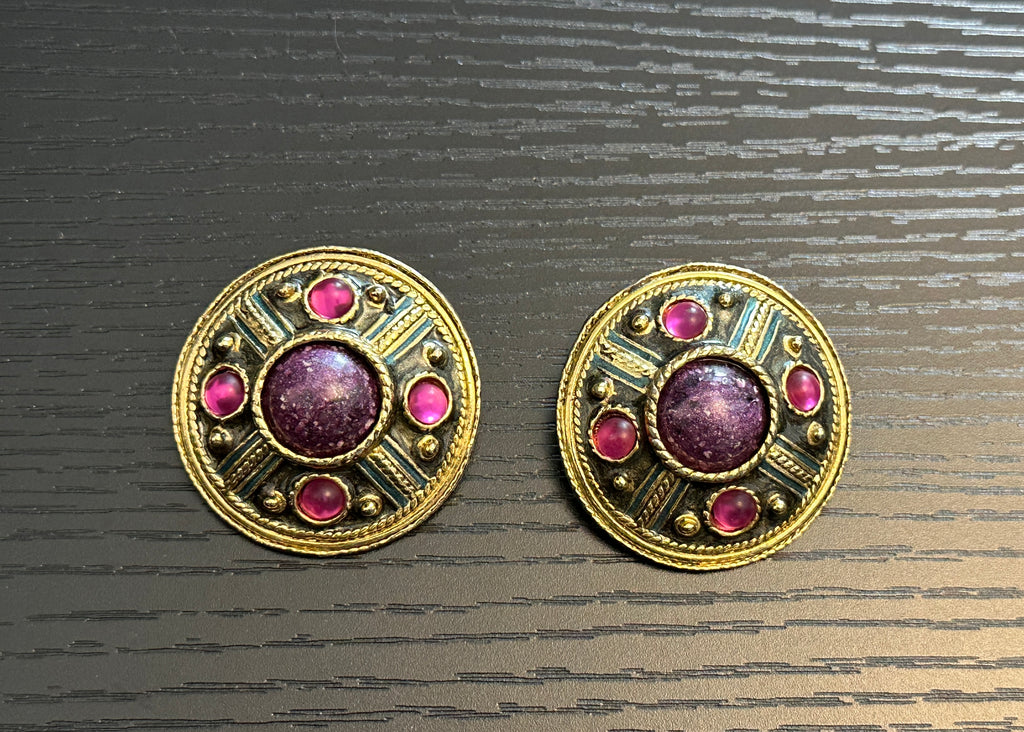 Retro Cool Vintage Clip On Earrings Gold Tone Metal Pink & Purple Cabochons