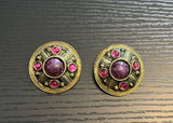 Retro Cool Vintage Clip On Earrings Gold Tone Metal Pink & Purple Cabochons