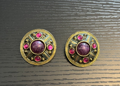 Retro Cool Vintage Clip On Earrings Gold Tone Metal Pink & Purple Cabochons