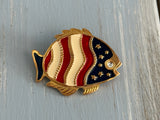 Newpro Vintage Patriotic Fish Brooch Red White & Blue Enamel Rhinestone Eye