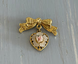 Beautiful 1928 (?) Vintage Brooch Bow & Dangling Heart w Porcelain Rose Flower