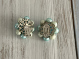 Vintage Bead Cluster Clip On Earrings Blue Beads Signed Japan