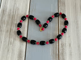 Fantastic Vintage Beaded Necklace w Black Pink & Gold Tone Beads