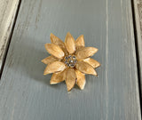 Flower Power Vintage Brooch Gold Tone Beige Enamels Sparkly Rhinestones