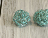 Beautiful Vintage Beaded Cluster Clip On Earrings w Lt Blue Beads Signed Japan