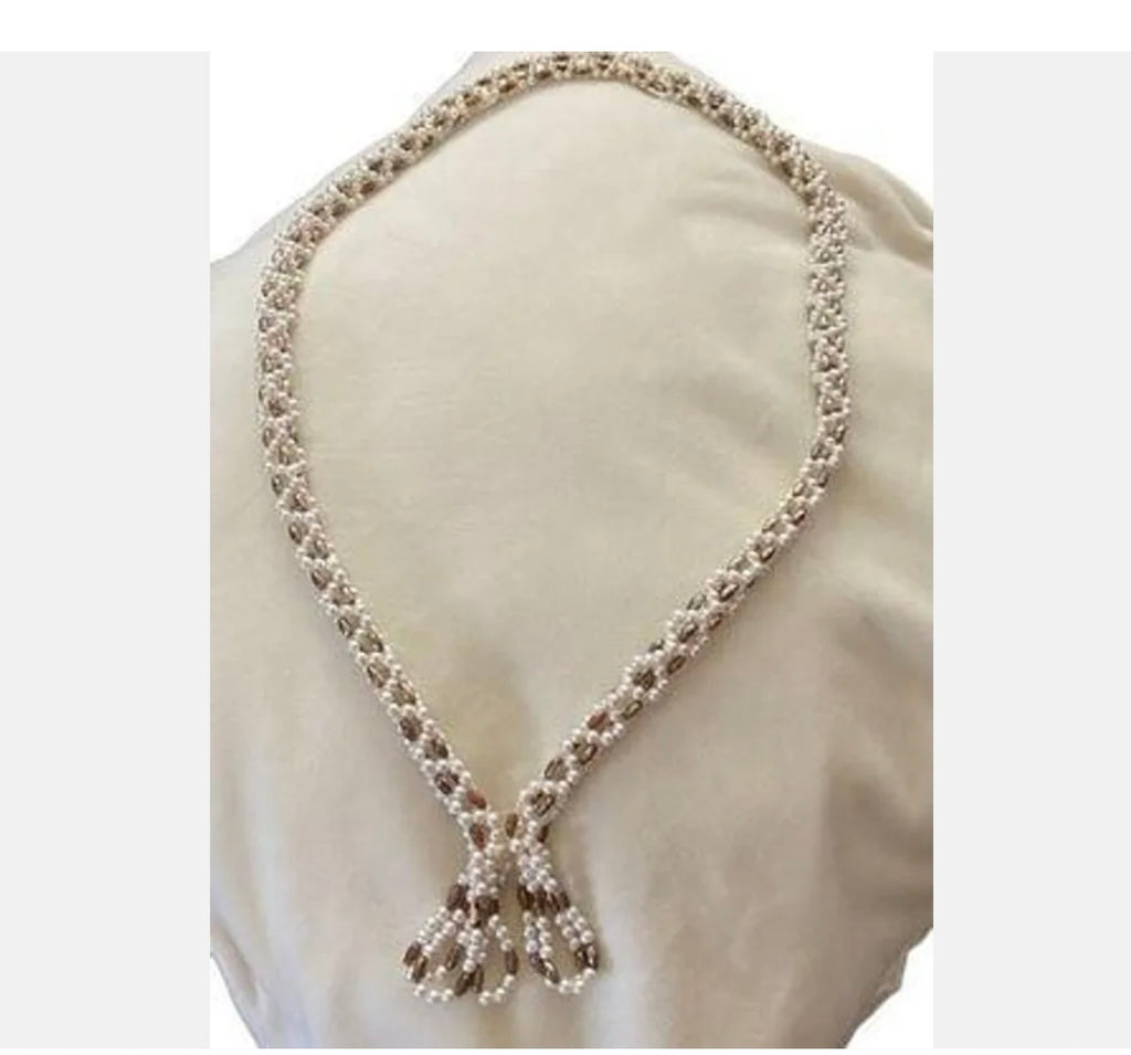 Beautiful Vintage Hand Beaded Necklace w Tassel Faux Pearls & Gold Tone Beads