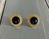 Napier Vintage Clip On Screw On Earrings Gold Tone Rope Frame Navy Blue Cabochons