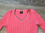 Le Tigre Sz M The Classic Pink Vintage V-Neck Argyle Sweater Gray & White Stripe Trim