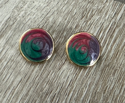 So Cute Vintage Pierced Earrings w Pinks Purples Greens Swirl Enamel