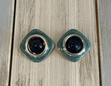 Love These! Silver Tone Metal w Teal & Navy Enamel Funky Mod Pierced Earrings