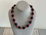 Fantastic Vintage Beaded Necklace w Black Pink & Gold Tone Beads