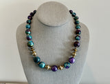 Beautiful Vintage Beaded Necklace w Gold Tone & Teal & Purple Swirl Beads