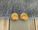 Fabulous Vintage Clip On Earrings Shiny Gold Tone Metal Buttons w Raised Design