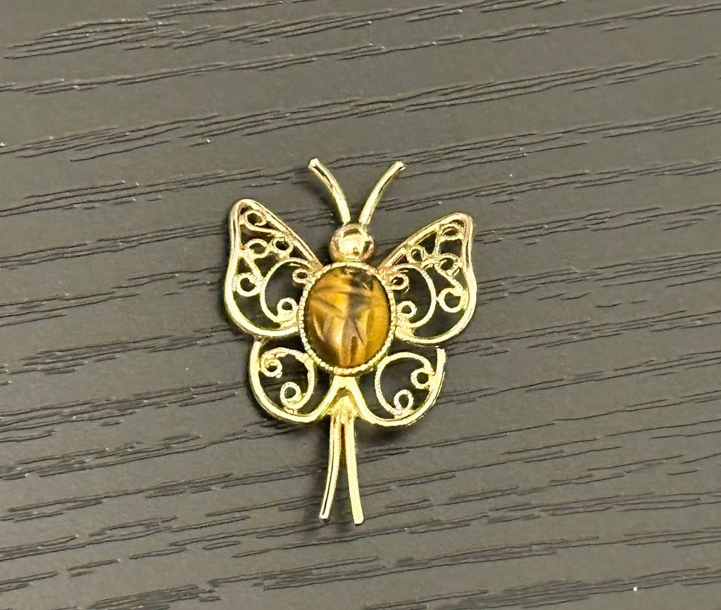 Beautiful Sarah Coventry Vintage Brooch Butterfly w Tiger Eye Scarab Rare
