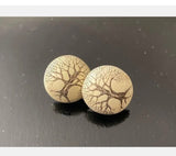 Super Cool Vintage Button Style Pierced Earrings w Black Tree Design