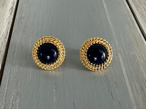 Napier Vintage Clip On Screw On Earrings Gold Tone Rope Frame Navy Blue Cabochons