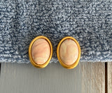 Beautiful Vintage Clip On Earrings Gold Tone Frame Pink Marble Cabochon