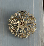 Vintage Sarah Coventry Brooch Serenade Gold Tone Red Cabochons & Rhinestones