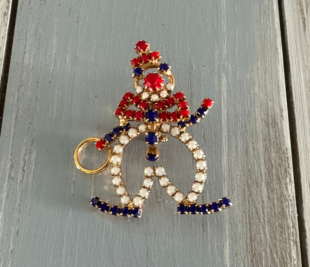 Fun Loving Clown! Rhinestone Vintage Brooch Red White & Blue Stones