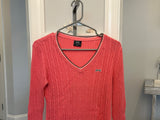 Le Tigre Sz M The Classic Pink Vintage V-Neck Argyle Sweater Gray & White Stripe Trim