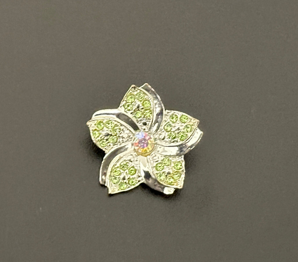 Little Sparkly Vintage Flower Brooch Pin w Green & AB Rhinestones