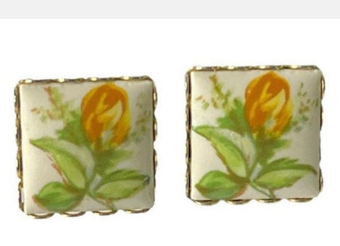 Beautiful Hand Painted Vintage Clip On Earrings Yellow Rose Buds