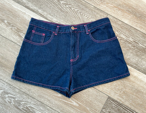 Michael G Sz 11 Vintage Blue Jean Shorts Metal Rhinestone Heart Pink Thread