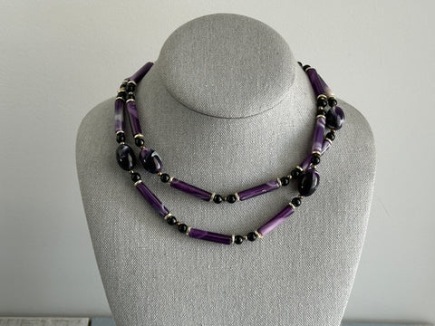 Fantastic Vintage Beaded Longer Necklace w Marbled Purple Beads