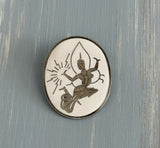 Unique Vintage Brooch Signed Japan White Enamel w Etched Niello Dancer