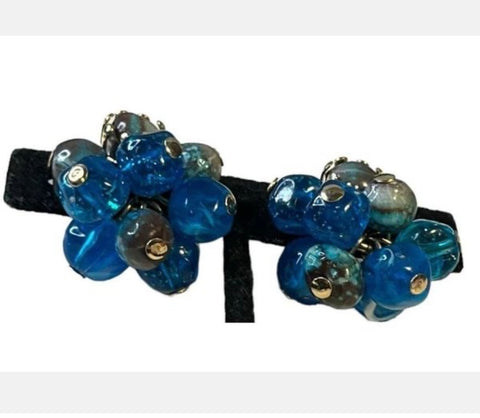 Fabulous Vintage Bead Cluster Clip On Earrings Assorted Blue Plastic Beads