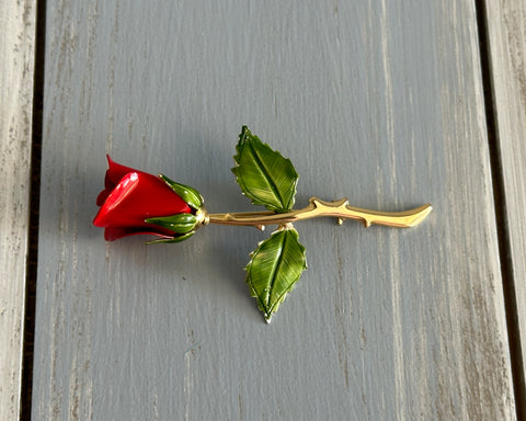 Gorgeous Vintage Rose Flower Brooch Gold Tone w Red & Green Enamel