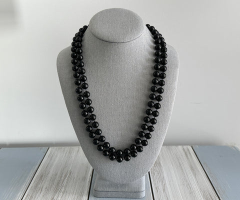 Fantastic Longer Length Vintage Beaded Necklace w Black Plastic Beads