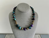 Beautiful Vintage Beaded Necklace w Gold Tone & Teal & Purple Swirl Beads