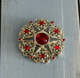 Vintage Sarah Coventry Brooch Serenade Gold Tone Red Cabochons & Rhinestones